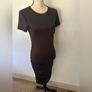 Lily Morgan black midi/mini body con dress, pleated/cinched sides SZ S